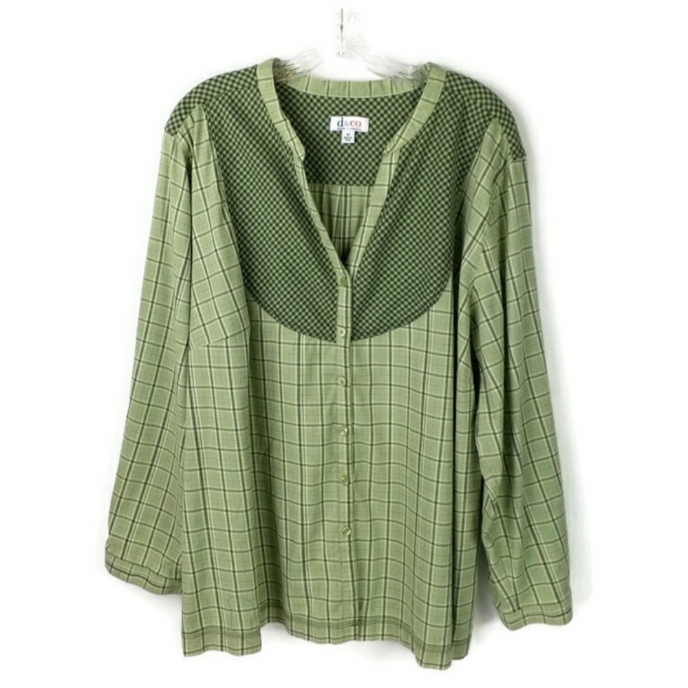 Denim & Co Green Plaid Gingham Bib Button Front Cotton Blouse Womens Plus 3X